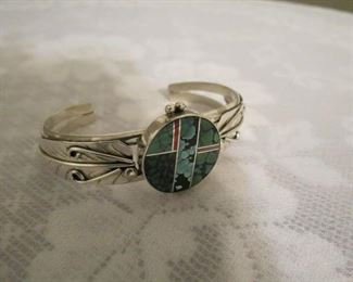 Signed AP Platero sterling silver multi-stone inlay cuff bracelet. $125