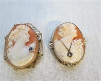 Antique Victorian 14k white gold diamond carved shell cameo brooch.