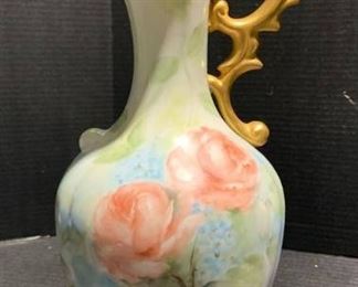 Beautiful Austrian Floral and Gilded Handled Pitcher