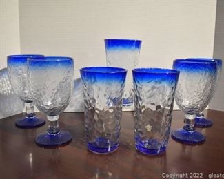Blue Rimmed Textured Goblets and Water Glasses