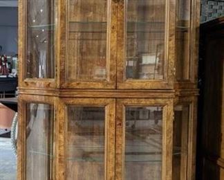 Burl Lighted Curio Cabinet with Carved Glass Sides