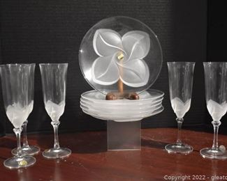 Cristal JG Durand Florence Satine Dessert Plates and Champagne Flutes