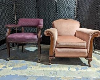 Maroon Captains Chair and Carved Wood Armchair with nailhead Accent