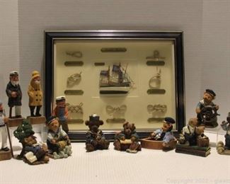Nautical Picture Fame 4 Vintage Wood Carved Fisherman Figures and Beary Happy Bear Figures