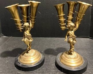Pair of Brass Cherub Vases by Bombay Co