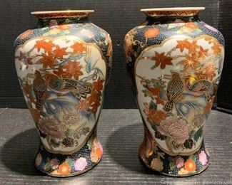 Pair of Handpainted Porcelain Vases in Navy Blue with Birds and Flowers