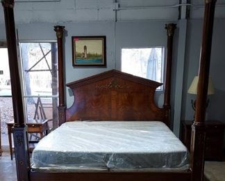 Stunning King Size Platform Poster Bed with Burl Wood Headboard
