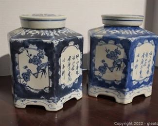 Two Blue and White Large Hexagonal Tea Jars