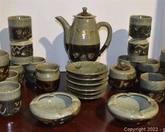 Vintage Somayaki Japanese Tea Set with Ashtrays