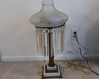 110  Antique Sinumbra lamp, marble base, very nice condition, 2 crystals have minor damage.  It is 29" bottom to the top of the shade 395.00