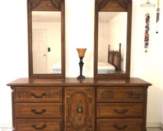 Vintage solid oak bedroom set. “Marquesa”, made by the Sumter Furniture Co. Dresser, mirrors, armoire, chest of drawers, two night stands, king headboard, Sealy king mattress.