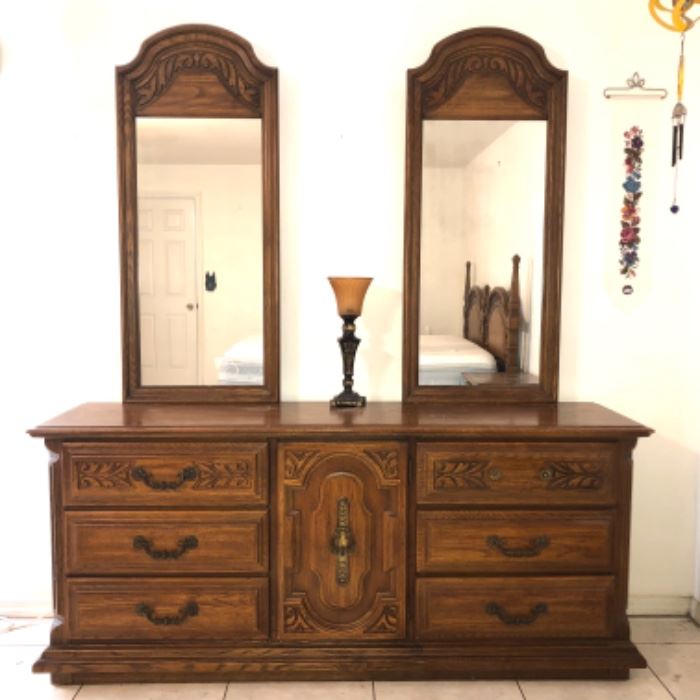 Vintage solid oak bedroom set. “Marquesa”, made by the Sumter Furniture Co. Dresser, mirrors, armoire, chest of drawers, two night stands, king headboard, Sealy king mattress.