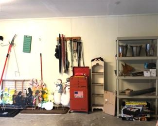 Garage items. Vintage metal rolling tool chest.