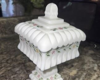 Hand painted milk glass candy dish