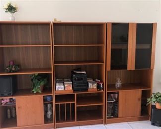 Teak bookcase and display cabinets.