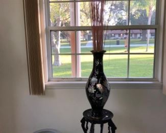 Carved enameled stand and vase. Large porcelain hand decorated planter