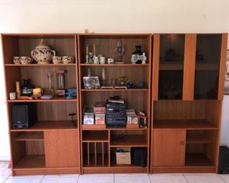 Three section teak bookcase, record storage, display cabinets