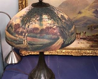 Handel lamp #6230 painted by Runge, in perfect condition, expertly rewired. Fine oil painting on canvas in background 