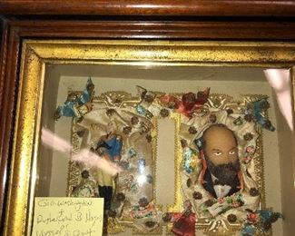 Victorian shadowbox with wax memorial probably George Washington and Rutherford B Hayes