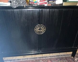 Vintage TV Cabinet, Black Lacquer with Glass top