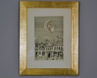 Molnar Gabriella (Hungarian, 1940-), Print Of A Girl On The Moon Above A Cityscape, Late 20th Century
