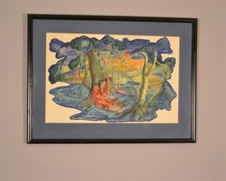 Blue Island Scene Of Young Couple Under A Tree, Signed Conrad