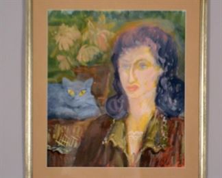 Watercolor Of Woman With Blue Cat

