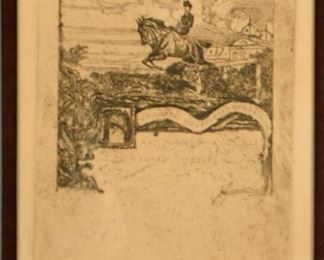 Sandor Nagy ( Hungarian, 1869-1950 ) Engraving Of Jumping Horse With Rider, 1926