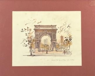 Signed Watercolor Of Washington Arch, Greenwich Village, NYC
