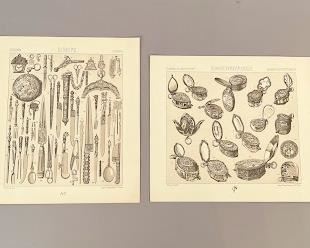 Two Prints By A. Racinet: Knives And Watches
