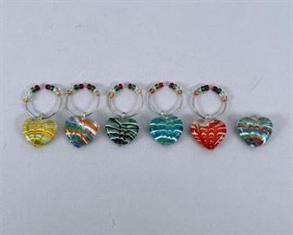 Six Murano Glass Heart Shaped Multi Color Drink Markers