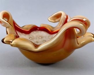Murano Glass Bowl In Red And Yellow With Gold And Bubbles