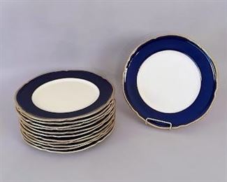 Set Of 12 Blue Dinner Plates With Scalloped And Gold Beaded Edge