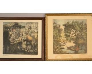 Jeno Remsey (Hungarian, 1885-1980), Two Etchings: Godolloi Fair And River Scene