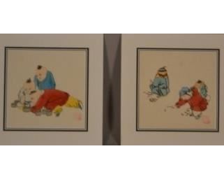 Two Chinese Hand Painted Prints Of Children Playing Games
