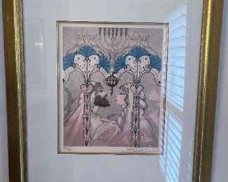 Dining Room:  A signed and numbered (236 / 350) lithograph by listed artist Lucien Krief is titled "Royal Wedding."  It measures 19" x 21," including the frame.  A Certificate of Authenticity is on the reverse side. Krief was born in 1961 and is a French Post War & Contemporary painter and sculptor.  He founded the Lucien Krief Gallery in the heart of Jerusalem in the late 1980’s and has become the finest source of modern and contemporary Israeli art.