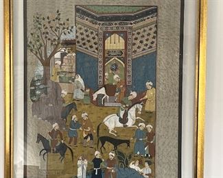 Dining Room:  A Persian market scene with a black border is floated under glass with a double gold frame.  Its total measurement is 37" wide x  48" tall.