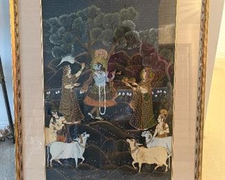 Hall:  A Persian scene with a musician, people  and animals measures 24" x 34," including the beige mat and frame.