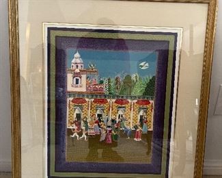 Bedroom #2:   A signed and numbered (174/175) mixed media lithograph/serigraph by listed artist H. Seelig is titled "Celebration of Freedom" and is a scene from "The Book of Esther."    Seelig was born in the Prussian City of Samotschin and studied at the Bauhaus.  He was an interior architect, but when Hitler took over in 1933, he fled Nazi Germany and went to Palestine.  Seelig retired from his architectural practice and became a painter.  His works have a 3-D perspective and often represent scenes from the Hebrew Bible.            
A Certificate of Authenticity is on the reverse side.  Its total measurement is 25" x 29."  The next photo shows more detail.