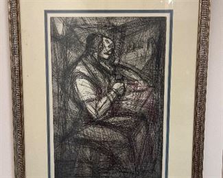 Bedroom #2:  "Jewish Sculptor" by listed Irving  Amen is signed and numbered 52/90.  (Its total measurement is 20"x 26".)  Amen was born in New York City in 1918 and began drawing at the age of 4.  When he was just 14, he received a scholarship from Pratt Institute.  Amen was a very versatile American artist creating  woodcuts, linocuts, oil paintings, etchings, 
engravings, and lithographs.  He died in 2011.  