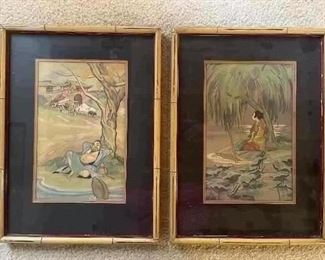 Bedroom #1:   This  set of 1940's Chinese collectible woodblock prints is by listed illustrator Cyrus Leroy Baldridge (1889-1977).  They each measure 12" x 16," including their bamboo frames. Baldridge was born in New York and led a nomadic life with his mother who sold kitchen items from town to town.  At the young age of 10, he became a student of Frank Holmes.  He sat with other students three times his age as he learned drawing.  He was admitted to the University of Chicago in 1907 and graduated in 1911.  When World War 1 began, he became a war correspondent and illustrator in Europe.  His battlefield drawings appeared on many covers.  Baldridge continued a life of many journeys which included studying Asian cultures and woodblock prints.  He died in 1977 and left the bulk of his estate to the University of Chicago.  