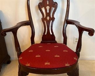 Dining Room:  One of eight HENREDON dining chairs is shown.  There are two arm chairs and six side chairs.  Each one has a classic dragonfly print upholstered seat.  The price of the table, leaves, and custom pads includes the EIGHT chairs. The matching china cabinet and upcoming server are separately priced.