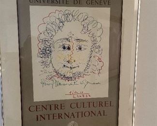 Hall:  This unsigned 1968 colored lithograph by Pablo Picasso (1881-1973) measures 23" x 31," including the chrome frame.   Picasso was a Spanish painter, draughtsman, and sculptor. He is one of the most recognized figures in 20th-century art. He is best known for co-founding the Cubist movement and for the wide variety of styles embodied in his work. A Certificate of Authenticity is on the reverse side attesting to the fact that it is a colored lithograph by printer Mourlot (Paris).