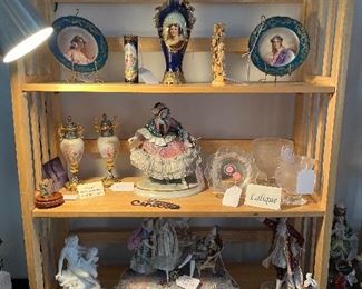 Living Room:  Riser #1 has portrait plates and vases, carved figures, petite SEVRES urns, DRESDEN, LALIQUE, and more.  Some closer photos follow.