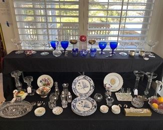 Kitchen:  Vintage glassware, candlesticks, butter pats, porcelain and five individually priced "Brown, Westhead & Moore" (JEDDCO) blue and white English ironstone plates are shown among other decorative items. 