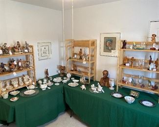 Bedroom #1:  This is an overview of the items also displayed in this room.  There are porcelain figures, a nice selection of BELLEEK, carved wood figures, Chinese Mud Men, and more!  Some closer photos of the art follow.