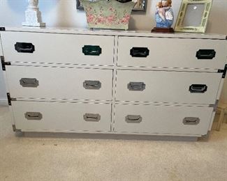 Bedroom #1:  The vintage 6-drawer DIXIE white campaign-style dresser measures 54" wide x 18" deep x 30" tall.  