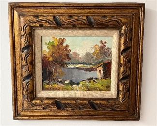 Hall:  A small original painting by listed Italian artist P. Rivoli is titled "Autumn's End."  It measures 18" x 16," including the frame
