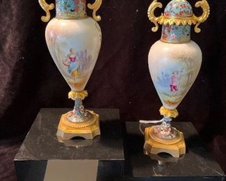 Living Room:  A pair of 9" SEVRES porcelain/cloisonné urns are signed "Louis" and priced as a pair.