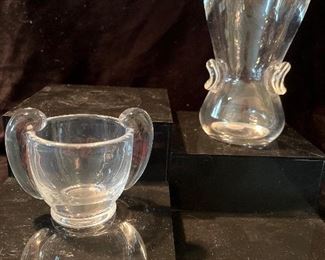 Living Room:  Two pieces of STEUBEN are shown:  a sugar bowl and a vase.